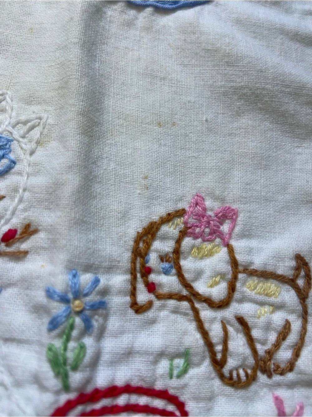 Embroidered Baby Bibs Vintage in Pink & Blue Trim with Bunny and Kitty and Puppy